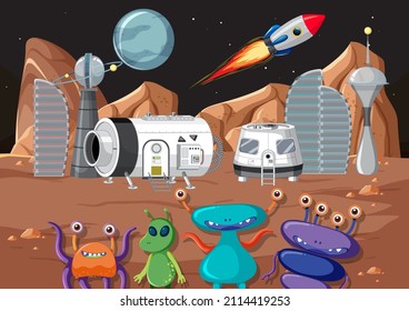 Outer space planet with aliens in cartoon style illustration
