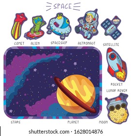 outer space, a planet surrounded by stars and emptiness. Individual elements of the universe, funny characters, funny