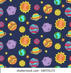 Outer space planets doodles universe cosmos doodles seamless vector pattern