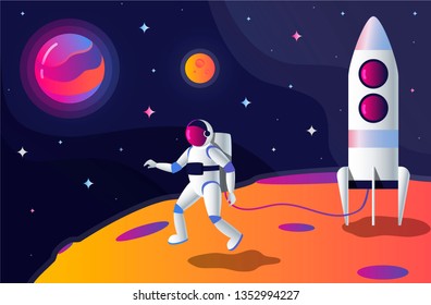 outer Space. Planets and stars. Astronaut on the moon next to the spaceship. interstellar travels, universe and distant galaxies. Trendy stock vector illustration.  Human spaceflight