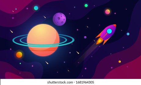 Espacio exterior con planetas, estrellas, cometas y cohetes voladores. Ilustración vectorial.