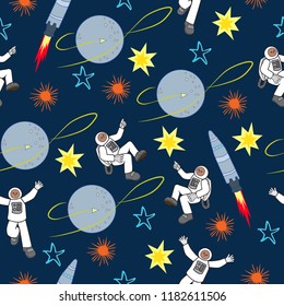 outer space planets stars moon astronauts blue yellow orange gray seamless pattern vector