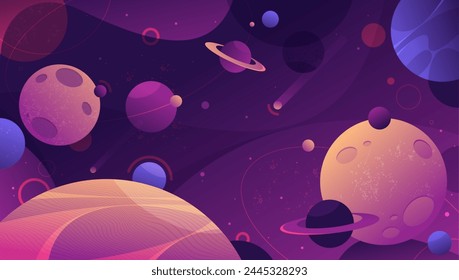 Outer space with planets vector background. Illustration for futuristic cosmic exploration. Astrology or astronomy backdrop. Fantastic dark landscape with planet and meteor, star. Starry scene.