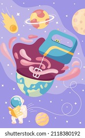 Weltraumposter mit Sternen und Astronauten, die ein Kochbuch lesen, um einen neuen Planeten mit Raummischer in einem flachen Stil zu schaffen. Vektorgrafik