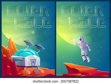 Outer space posters with colony base and astronaut on Mars. Vector banners with cartoon illustration of alien red planet landscape with station and cosmonaut in spacesuit