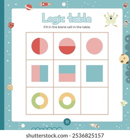 Outer Space Puzzle game for children. Complete Logic Table. Vector illustration. Fill in the blank cell in the table correct figure for kids activity book. Square page