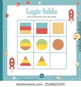 Outer Space Puzzle game for children. Complete Logic Table. Vector illustration. Fill in the blank cell in the table correct figure for kids activity book. Square page