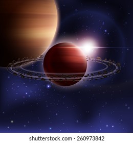 Outer space realistic background with saturn planet with orbit vector illustration