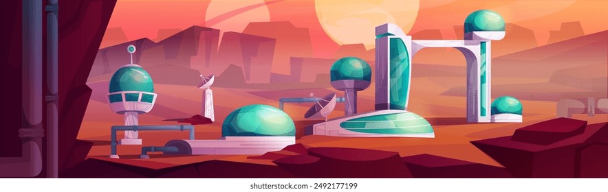 Outer space red alien planet surface with futuristic station or colony buildings. Cartoon vector fantasy technology cosmos astronaut base for science discovery, exploration and colonization of Mars.