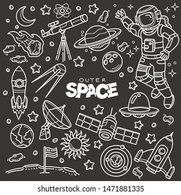 Outer space related objects and elements collection. Hand drawn vector doodle illustration over chalkboard isolated on black background.