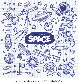 Outer space related objects and elements collection. Hand drawn vector doodle illustration in blue ballpoint sketch style.