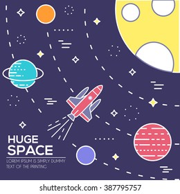 Outer space rocket flying flying to the moon background. Set of huge space infographic universe illustration. Vector thin lines icons stars in galaxy design concept. 