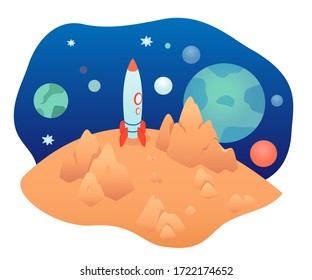 Outer space with rocket spaceship on plant or moon surface. Vector solar system, universe. Cosmos exploration and discovery. Astronomy and new world colonization. Spacecraft trip future technology