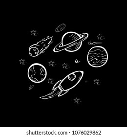 outer space, rockets, planets, meteors doodle icon vector flat black