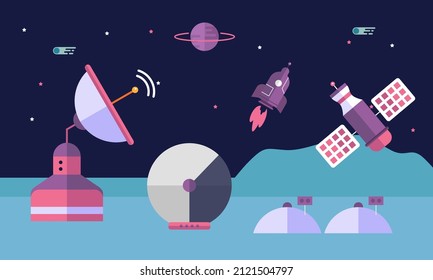 Espacio ultraterrestre con satélites, cohetes y planetas