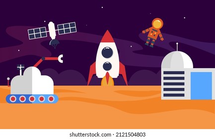 Outer space with satellites, rockets and planets illustration