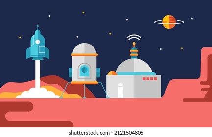 Outer space with satellites, rockets and planets illustration