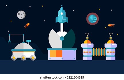Outer space with satellites, rockets and planets illustration