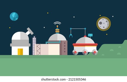 Outer space with satellites, rockets and planets illustration