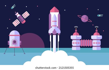 Espacio ultraterrestre con satélites, cohetes y planetas
