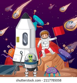 Outer space scene with astonaut and alien in cartoon style illustration