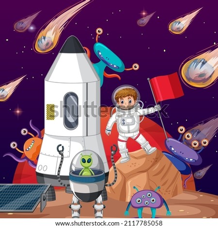 Outer space scene with astonaut and alien in cartoon style illustration