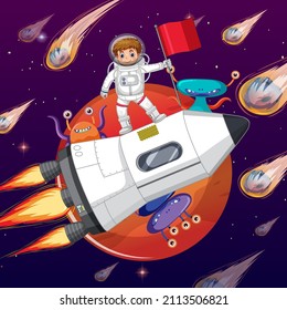 Outer space scene with astonaut standing on spaceship  illustration