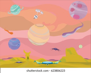 Outer Space Scene With Celestial Bodies And Several Vehicles And A Satellite