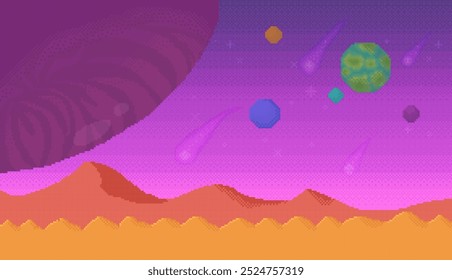 Outer space scene with a desolate orange landscape, purple and pink sky, planets in the background and asteroids. Ideal for sci-fi, space exploration, desert planet theme, gaming, and futuristic