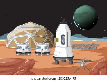 Outer space scene with spaceship and station illustration