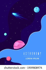 Outer Space, Science, Astronomy and Astrophysich Concept Design. Flyer, Magazine, Poster, Book Cover Template. Flat Style Vector Illustration