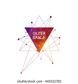 Outer Space scientific design template with copy space. Hipster triangles and molecule structure with space texture. Vector design for music albums, posters, flyers, web design and mobile application.