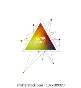 Outer space scientific template with label area. Hipster triangles and interlocking geometry shapes with space texture. Vector design for music albums, posters, flyers, web  and mobile application.	
