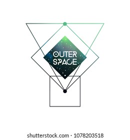 Outer space scientific template with logo area. Hipster triangles and interlocking geometry shapes with space texture. Vector design for music albums, posters, flyers, web  and mobile application.	