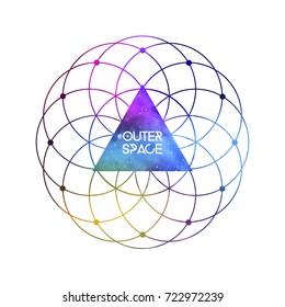 Outer Space scientific template with logo area. Hipster triangle and flower of life pattern with space texture. Vector design for music albums, posters, flyers, web design and mobile application.