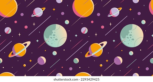 Outer Space Seamless pattern, abstract Background with planets and stars. Trendy modern vector illustration, hand drawn, flat design.