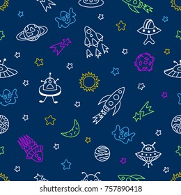 Outer space seamless pattern with aliens, UFO, moon, flying spacecraft, rockets, planets, galaxies, stars and comets. Universe cartoon background in bright colors. Vector