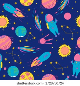 Outer space seamless pattern with astronaut, planets, constellations and other cosmic objects. Colorful design for prints on paper, fabric and clothes. Vector illustration in cute cartoon style