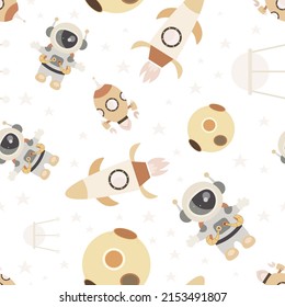 Outer Space Seamless Pattern – Astronaut, Rocket, Satellite on white background. Vector Illustration. Great for baby clothes, nursery decor, wrapping paper.