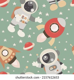 Outer Space Seamless Pattern – Astronauts In Space. Vector Illustration. Great For Baby Clothes, Nursery Decor, Wrapping Paper.