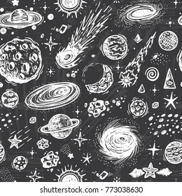 Outer Space Seamless Pattern. Cartoon Galaxy. Vector Universe. Hand Drawn Doodle Cosmic Space: Planets, Stars, Black Hole, Comets. Cosmos Background