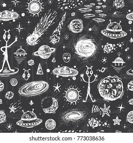 Outer Space Seamless pattern. Cartoon Galaxy. Vector Universe. Hand Drawn Doodle Cosmic Space: Planets, Stars, UFO, Funny Aliens, Black Hole, Comets. Cosmos Background