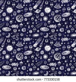Outer Space Seamless pattern. Cartoon Galaxy. Vector Universe. Hand Drawn Doodle Cosmic Space: Planets, Stars, UFO, Alien Face, Black Hole, Comets. Cosmos Background