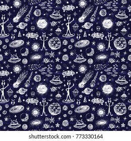 Outer Space Seamless pattern. Cartoon Galaxy. Vector Universe. Hand Drawn Doodle Cosmic Space: Planets, Stars, UFO, Funny Aliens, Black Hole, Comets. Cosmos Background