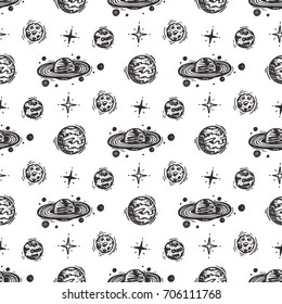 Outer Space Seamless pattern. Hand Drawn Doodle Cosmic Space: Planets, Stars, Comets. Cosmos Background. Cartoon Galaxy. Vector Universe