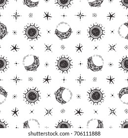 Outer Space Seamless pattern. Hand Drawn Doodle Cosmic Space: Sun, Moon, Stars. Cosmos Background. Cartoon Galaxy. Vector Universe