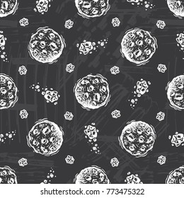 Outer Space Seamless pattern. Meteor Shower. Hand Drawn Doodle Meteorites, Asteroids. Cosmos Background. Galaxy. Vector Universe