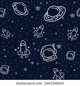 outer space seamless pattern outline dark blue backgtound