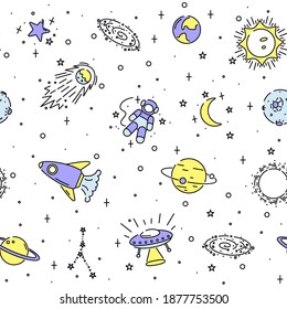 Outer space seamless pattern, planets, stars and astronomy elements. Texture for wallpapers, web page backgrounds, vector illustration
