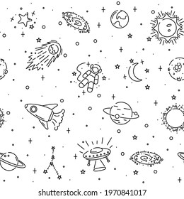 Outer space seamless pattern, planets, stars and astronomy elements. Texture for wallpapers, web page backgrounds, vector illustration